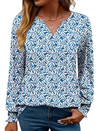 Rapbin Damen Tops Langarm Elegant Locker V-Ausschnitt Damenbluse Oberteile T Shirt Casual Herbst Tunika (M,Blau mit Weißen Blumen) von Rapbin