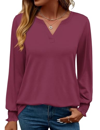 Rapbin Damen Tops Langarm Elegant Locker V-Ausschnitt Damenbluse Oberteile T Shirt Casual Herbst Tunika (XL,Magenta) von Rapbin