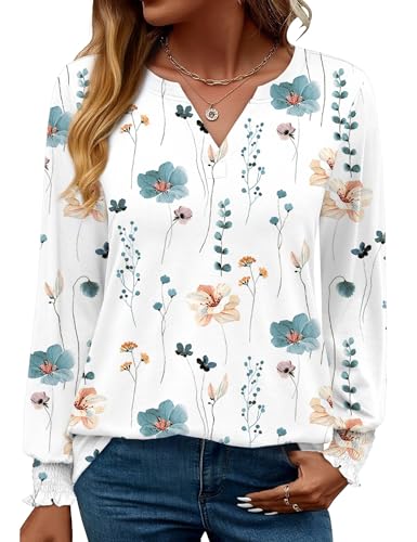 Rapbin Damen Tops Langarm Elegant Locker V-Ausschnitt Damenbluse Oberteile T Shirt Casual Herbst Tunika (XXL,Weiß Blau Blumen) von Rapbin