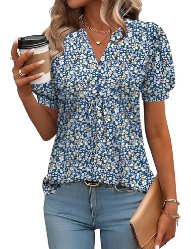 Rapbin Damen V-Ausschnitt Bluse Casual Oberteil Puffärmel Boho Bluse Sommer Bluse Landhausmode KurzarmT-Shirt Blumen-Weißen S von Rapbin