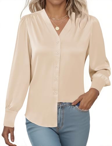 Rapbin Damen V-Ausschnitt Casual Satin Bluse Langarm Party Oberteil 2025 Basic Causal Satinblusen mit Knöpfen Champagner von Rapbin