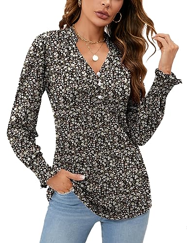 Rapbin Damen V-Ausschnitt Puff Langarm Knopfleiste Tunika Blusen Herbst Tops 2023 Rüschen Manschetten Dressy Casual T-Shirts, Lange Ärmel - Small Floral, Mittel von Rapbin