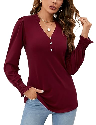 Rapbin Damen V-Ausschnitt Puff Langarm Knopfleiste Tunika Blusen Herbst Tops 2023 Rüschen Manschetten Dressy Casual T-Shirts, Long Sleeve Weinrot, X-Groß von Rapbin