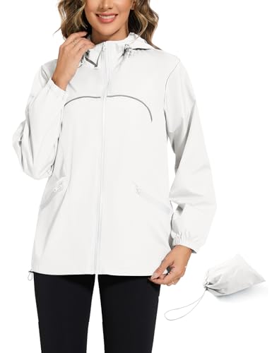 Rapbin Damen Wasserdichte Faltbar Regenjacke mit Kapuze Dünne Jacke mit Reflektorstreifen Leichte Packbar Outdoor Jacke für Fahrrad und Reisen（Weiß，L） von Rapbin