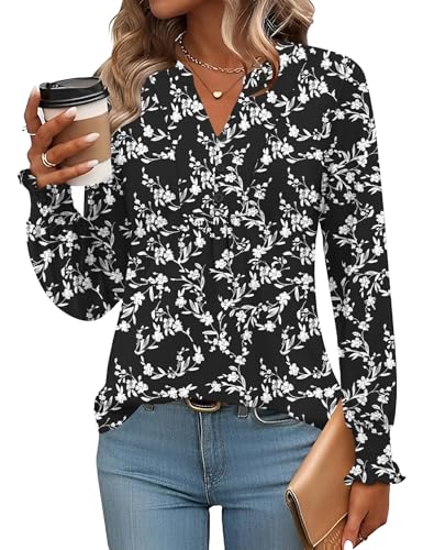 Rapbin Herbst/Winter T-Shirt DamenV-Ausschnitt Oberteil Tunika Langarm Bluse Basic Shirt Locker Schwarz Mit Weißen Blumen XXL von Rapbin