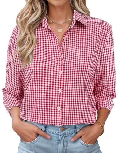 Rapbin Karierte Hemd Damen Langarm Trachten Bluse Baumwolle Hemd V-Ausschnitt Bluse Casual Oberteil mit Knopfleiste Rot M von Rapbin