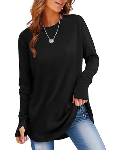 Rapbin Langarmshirt Damen Einfarbig Pullover Basic Tunika Tops Elegant T-Shirt Mit Daumenloch Oberteil Pulli Schwarz S von Rapbin