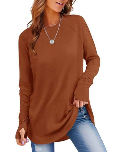 Rapbin Langarmshirt Damen Einfarbig Pullover Classic Basic Tunika Tops Elegant T-Shirt Mit Daumenloch Oberteil Pulli Karamell M von Rapbin