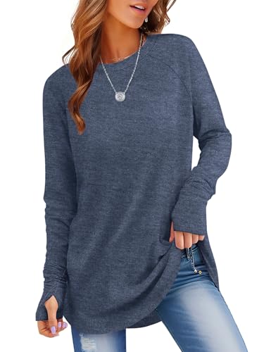 Rapbin Langarmshirt Damen Einfarbig Pullover Classic Basic Tunika Tops Elegant T-Shirts Mit Daumenloch Oberteil Pulli Graublau M von Rapbin