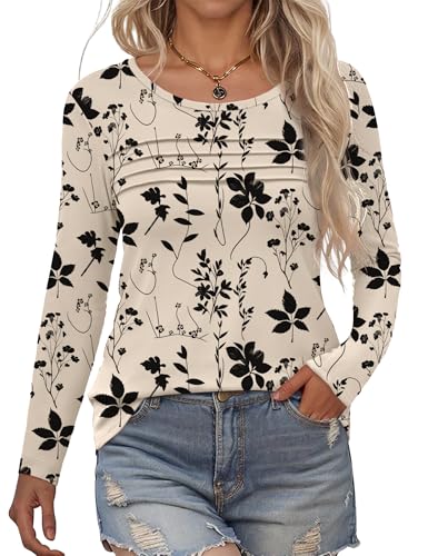 Rapbin Langarmshirt Damen Rundhals Pullover Herbst Falten Lässig Bluse Elegant Locker Frauen Oberteil Blumen Tunika Shirts 2025(Ahornblatt Schwarze Blume,S) von Rapbin
