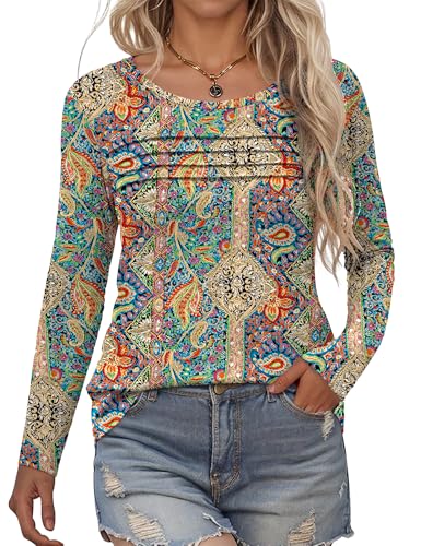 Rapbin Langarmshirt Damen Rundhals Pullover Herbst Falten Lässig Bluse Elegant Locker Frauen Oberteil Blumen Tunika Shirts 2025(Bunte Blumen,L) von Rapbin
