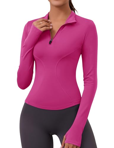 Rapbin Langarmshirt Damen T-Shirts Gym Top Funktionsshirt Laufshirts Atmungsaktiv Langarm Sportshirt Running Top Workout Fitness Oberteil Rose red XS von Rapbin