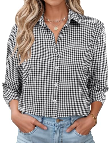 Rapbin Langarmshirt Damen V-Ausschnitt Bluse Tunika Lässig Hemd Lockere Business Shirts Elegant Oberteil mit Knopfleiste Schwarz und Weiß kariert S von Rapbin