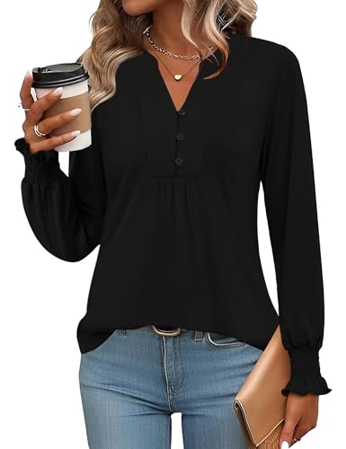 Rapbin Langarmshirt Damen V-Ausschnitt Knopfleiste T-Shirt Tunika Rüschenärmel Top Herbst Oberteile Elegant Lässig Schwarz S von Rapbin