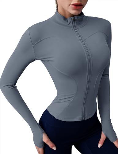 Rapbin Laufjacke Damen Langarm Gym Yoga Fitness Top Sportjacke Atmungsaktive Running Jacken Sportshirt Oberteil Reißverschluss Trainingsjacke mit Daumenlöchern Grau Blau M von Rapbin