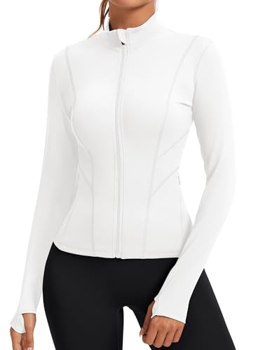 Rapbin Laufjacke Damen Langarm Gym Yoga Fitness Tops Sportjacke Atmungsaktive Running Jacken Leicht Fitness Workout Oberteil mit Daumenloch（Weiß，XS） von Rapbin