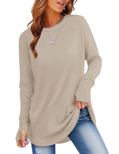 Rapbin Longshirt Damen Sweatshirt Pullover Langarmshirt Rundhals Einfarbig Oberteile Lockerer Pulli Basic Tunika Tops Mit Daumenloch Khaki L von Rapbin