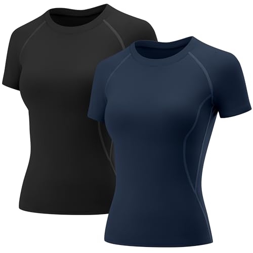 Rapbin Oberteile Damen Sommer Sport T Shirt 2er Pack Funktionsshirt Laufshirt Fitness Shirt Trainingsshirt Kurzarm Rundhals Atmungsaktiv für Running Workout Gym 2er Pack S von Rapbin