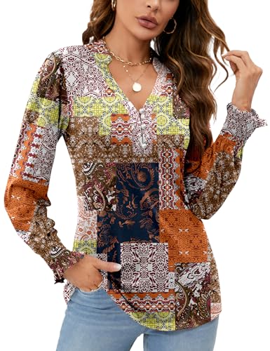 Rapbin Oberteile Damen V-Ausschnitt Knopfleiste Bluse Langarm Tunika Tops Elegant Casual Rüschenärmel T-Shirt Hemd Multiple Orange Blumen XL von Rapbin