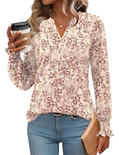 Rapbin Oversize Shirt Damen Umstandsmode Oberteil Locker Tunika V-Ausschnitt T-Shirt Mit Knopfleiste Bluse Blumen-Rot XXL von Rapbin