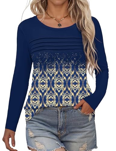 Rapbin Pullover Damen Herbst Rundhals Langarmshirt Mit Falten Lässig Bluse Elegant Locker Frauen Oberteil Blumen Tunika Shirts 2025(Boho Blau,M) von Rapbin