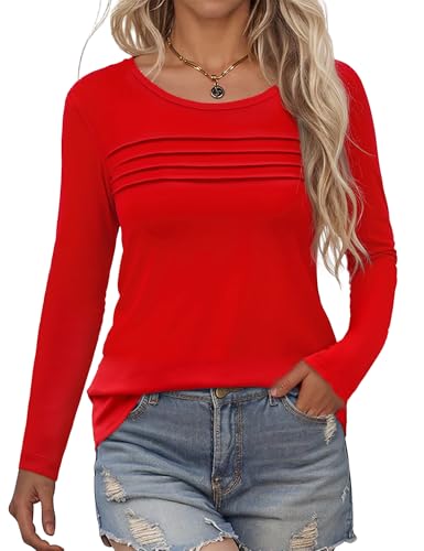 Rapbin Pullover Damen Herbst Rundhals Langarmshirt Mit Falten Lässig Bluse Elegant Locker Frauen Oberteil Blumen Tunika Shirts 2025(Rot,M) von Rapbin