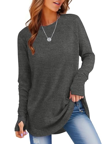 Rapbin Pullover Damen Sweatshirt Langarmshirt Rundhals Einfarbig Oberteile Lockerer Pulli Elegant Tunika Tops Mit Daumenloch Dunkelgrau L von Rapbin