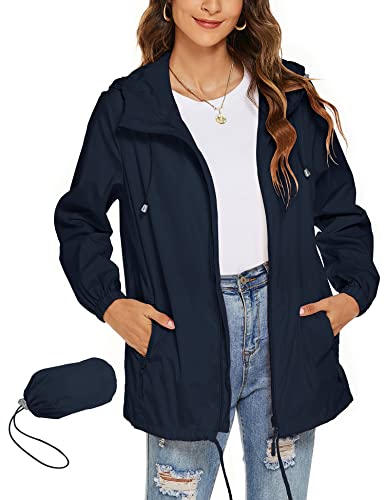 Rapbin Regenjacke Damen Dünn Wasserdicht Atmungsaktiv Laufjacke Fahrradjacke Wandern Reisen Regenmantel Sportjacke(Navy Blau,S) von Rapbin