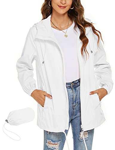 Rapbin Regenjacke Damen Dünn Wasserdicht Atmungsaktiv Laufjacke Fahrradjacke Wandern Reisen Regenmantel Sportjacke(Weiß,S) von Rapbin