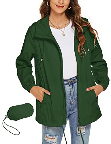 Rapbin Regenjacke Damen Wasserdicht Atmungsaktiv Leicht Jacke Packbar Faltbare Dünne Regenmantel Windbreaker(Dunkel Grün,L) von Rapbin