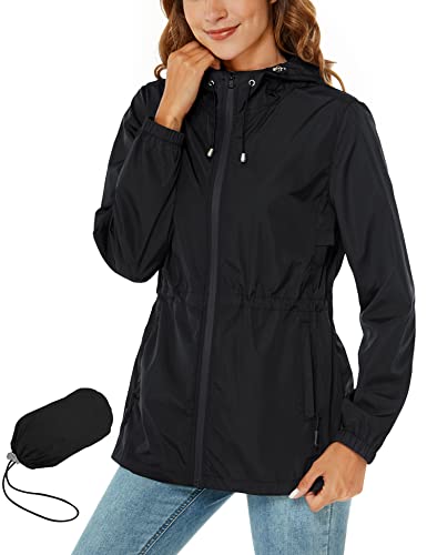 Rapbin Regenjacke Damen Wasserdicht Atmungsaktiv Leicht Outdoorjacke Windbreaker Packable Regenmantel mit Kapuze Grosse Groessen Schwarz M von Rapbin