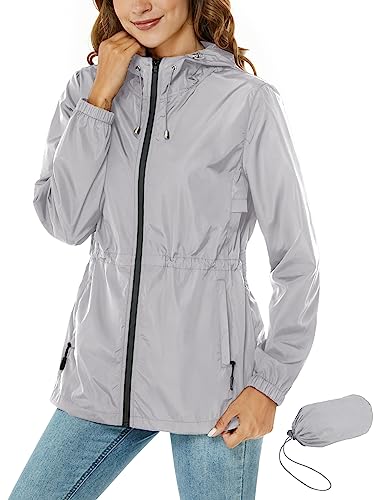 Rapbin Regenjacke Damen Wasserdicht Atmungsaktiv Leicht Outdoorjacke Windbreaker Packable Regenmantel mit Kapuze Grosse Groessen dunkelgrau M von Rapbin