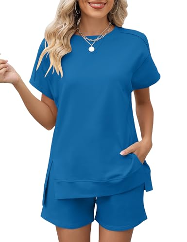 Rapbin Schlafanzug Damen Kurz Baumwolle Sommer PyjamaSets Zweiteilig Nachtwäsche Hausanzug Einfarbige Loungewear Sets Blau von Rapbin