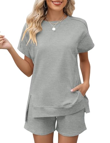 Rapbin Schlafanzug Damen Kurzarm Pyjama Sommer 2025 Hausanzug Kurz Lounge Set mit Elastischem Bund und Taschen Grau von Rapbin