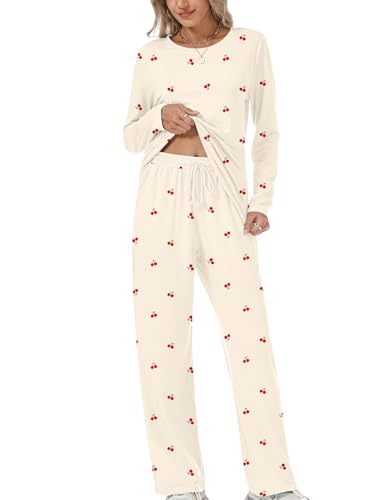 Rapbin Schlafanzug Damen Lang Pyjama Set Loungewear Herbst Kirschen Oberteil und Schlafhose mit Taschen Hausanzug Zweiteiliger(Aprikosen Kirschmuster L) von Rapbin