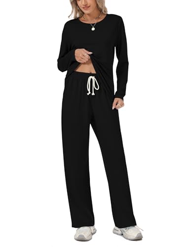 Rapbin Schlafanzug Damen Lang Pyjama Set Rundhals Nachtwäsche Sleepwear Set Zweiteiliger mit Schlafanzughose mit Taschen Casual Elastischer Bund Schwarz XXL von Rapbin