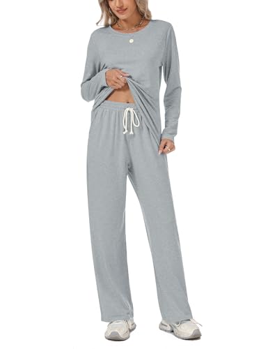 Rapbin Schlafanzug Damen Lang Pyjama Set Rundhals Nachtwäsche Zweiteiliger Schlafen und Loungewear Damen Schlafanzughose mit Taschen Casual Elastischer Bund Grau XXL von Rapbin