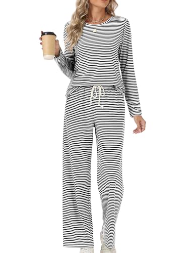Rapbin Schlafanzug Damen Lang Pyjama Sets Rundhals Gestreift Zweiteiliger Nachtwäsche Langarm Oberteil und Schlafhose mit Taschen(Schwarz-weiß gestreift XL) von Rapbin