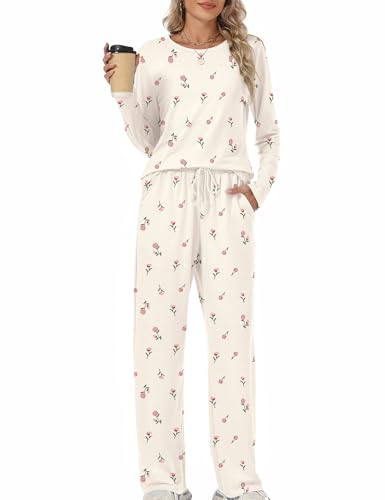 Rapbin Schlafanzug Damen Zweiteiliger Lang Pyjama Set Herbst Nachtwäsche Loungewear Hausanzug Schlafen Oberteil und Schlafhose mit Taschen(Rosa Rose S) von Rapbin