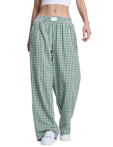 Rapbin Damen Pyjamahose Leichte Lang Baumwolle Weich Schlafanzughose Kariert Sommer Nachtwäsche Freizeithose Grün von Rapbin