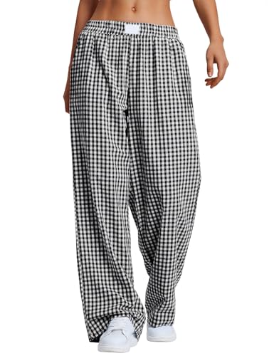 Rapbin Schlafanzughose Damen Lang Sommer 2025 Baumwolle Karierte Schlafhose Weich Freizeithose mit Taschen von Rapbin