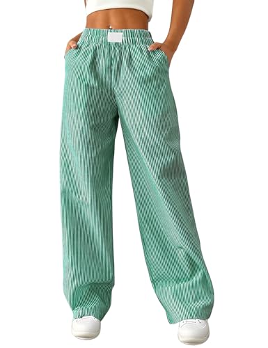 Rapbin Damen Pyjamahose Leichte Gestreifte Lang Freizeit Hose Weich Pyjama Hosen Sommer Schlafhose Y6k Lounge Pants Grün von Rapbin