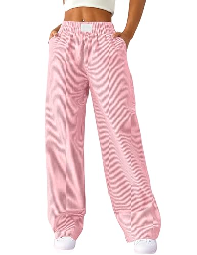 Rapbin Damen Pyjamahose Leichte Lang Weich Pyjama Hosen Schlafhose Leichte Gestreifte Lange Hose Y2k Lounge Pants Rot von Rapbin