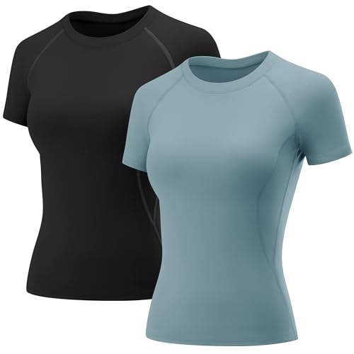 Rapbin Shirt Damen Gym Top Sport Oberteil Yoga Kurzarm Crop Top Sportshirt Leicht Fitness Oberteil mit Rundhalsausschnitt 2er Pack L von Rapbin