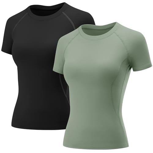 Rapbin Sport Shirts für Damen Gym Top Workout Oberteil Yoga Kurzarm Crop Top Sportshirt Leicht Fitness Oberteil mit Rundhalsausschnitt 2er Pack S von Rapbin