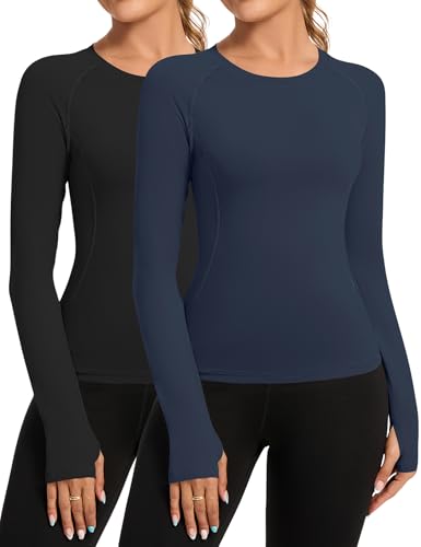 Rapbin Sport T-Shirt Damen,Langarmshirt WorkoutTops,Rundhalsausschnitt Atmungsaktiv Athletisch Sportshirt Laufen Yoga Gym Top Fitness Oberteil 2er Pack XL von Rapbin