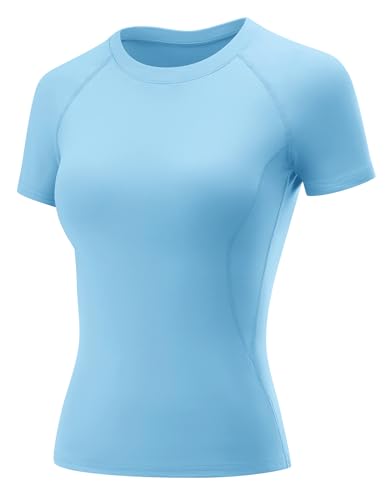 Rapbin Sport Top Damen Kurzarm Shirt Sport T Shirt Funktionsshirt Laufshirt Leicht Atmungsaktiv Oberteile Fitness Top Yoga Hellblau XL von Rapbin