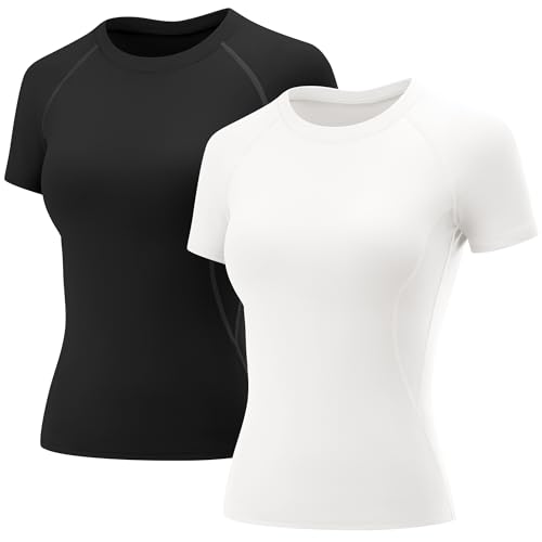Rapbin Sport Tops für Damen Gym Yoga Kurzarm T Shirt Atmungsaktiv Rundhalsausschnitt Sportshirt Running Freizeitshirt Workout Fitness Oberteil 2er Pack L von Rapbin