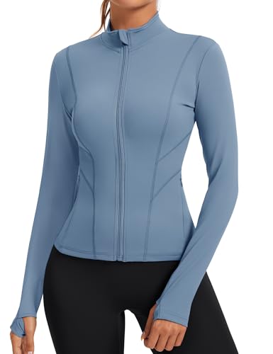 Rapbin Sportswear Damen Laufjacke Sportjacke Langarm Leichte Sweatjacke Ohne Kapuze Yoga Fitness Gym Tops Oberteil mit Daumenloch Reißverschluss（Tiefes Grau Blau，L） von Rapbin