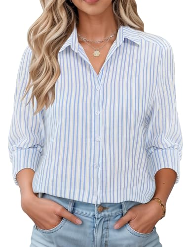 Rapbin Streifen Hemd Damen Langarm Bluse Baumwolle Hemd V-Ausschnitt Bluse Casual Classic Oberteil mit Knopfleiste Weiß und Blau XL von Rapbin